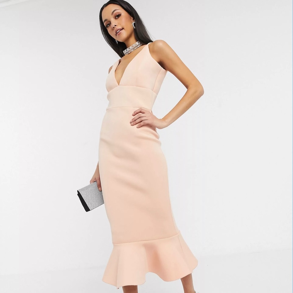 Brand New Missguided Tall plunge scuba midi dress with ruffle hem in blush